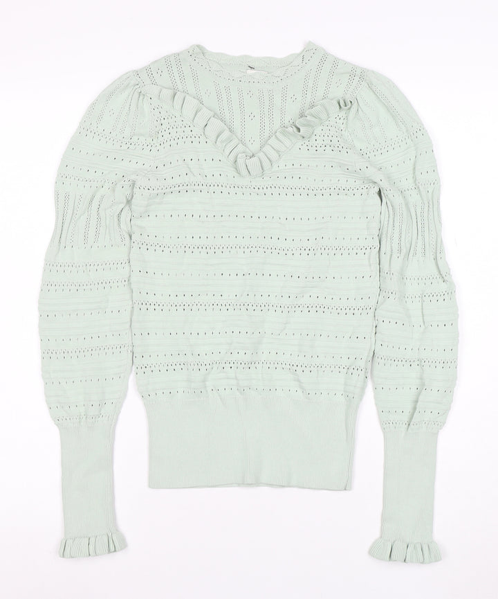 River Island Womens Green Ruffle Knit V-Neck Long Sleeve Blouse Size 10