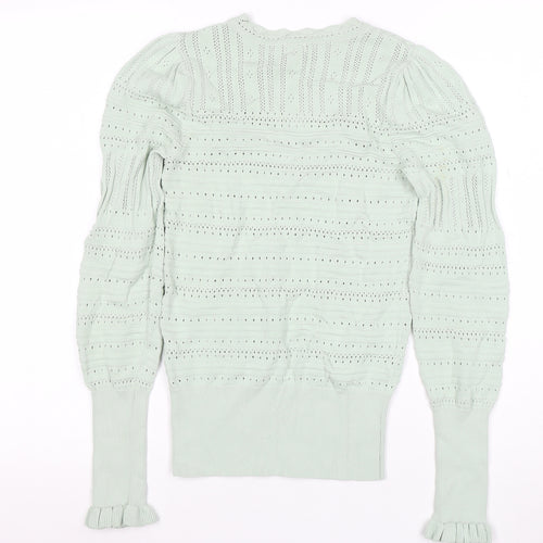 River Island Womens Green Ruffle Knit V-Neck Long Sleeve Blouse Size 10