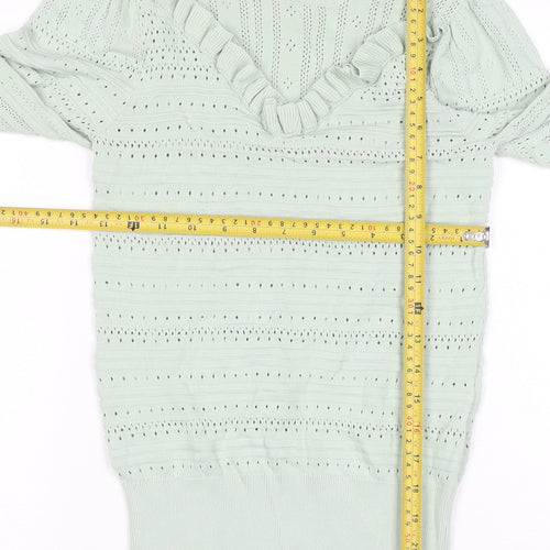 River Island Womens Green Ruffle Knit V-Neck Long Sleeve Blouse Size 10