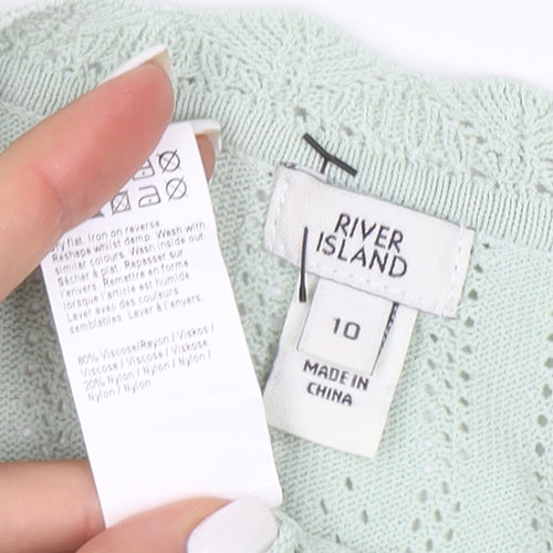 River Island Womens Green Ruffle Knit V-Neck Long Sleeve Blouse Size 10