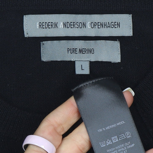 Frederik Anderson Copenhagen Men's Black Merino Wool Crew Neck Jumper L