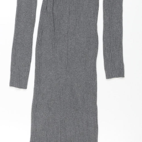 H&M Women Grey Long Sleeve Ribbed Knit Bodycon Midi Dress M