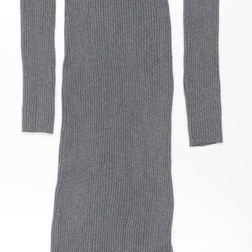 H&M Women Grey Long Sleeve Ribbed Knit Bodycon Midi Dress M