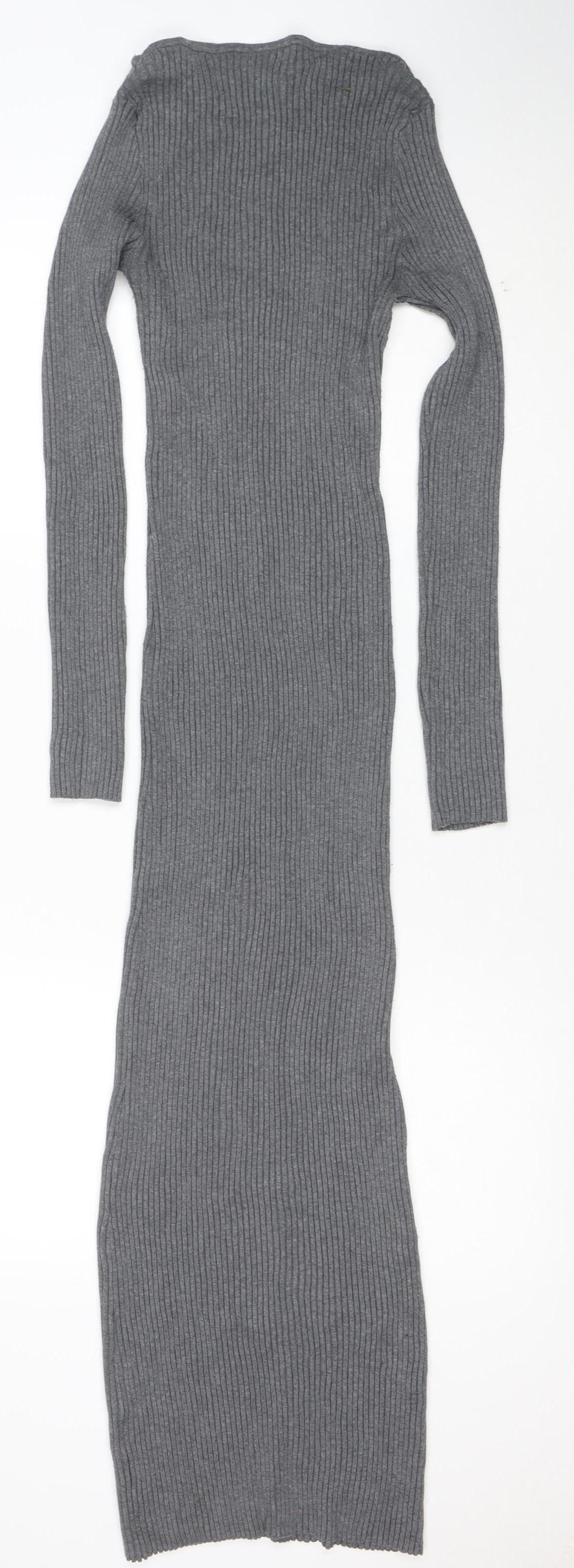 H&M Women Grey Long Sleeve Ribbed Knit Bodycon Midi Dress M