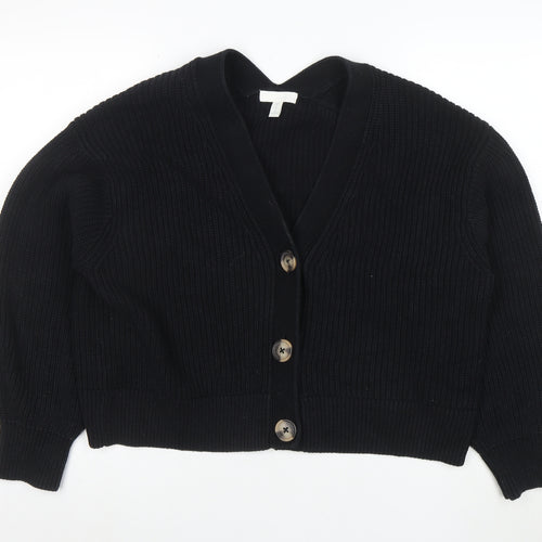 H&M Women Black M Chunky Knit Button Cardigan V-Neck Long Sleeve