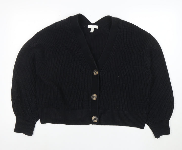 H&M Women Black M Chunky Knit Button Cardigan V-Neck Long Sleeve