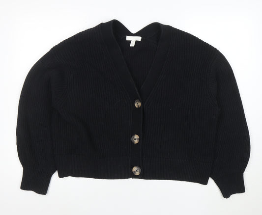 H&M Women Black M Chunky Knit Button Cardigan V-Neck Long Sleeve