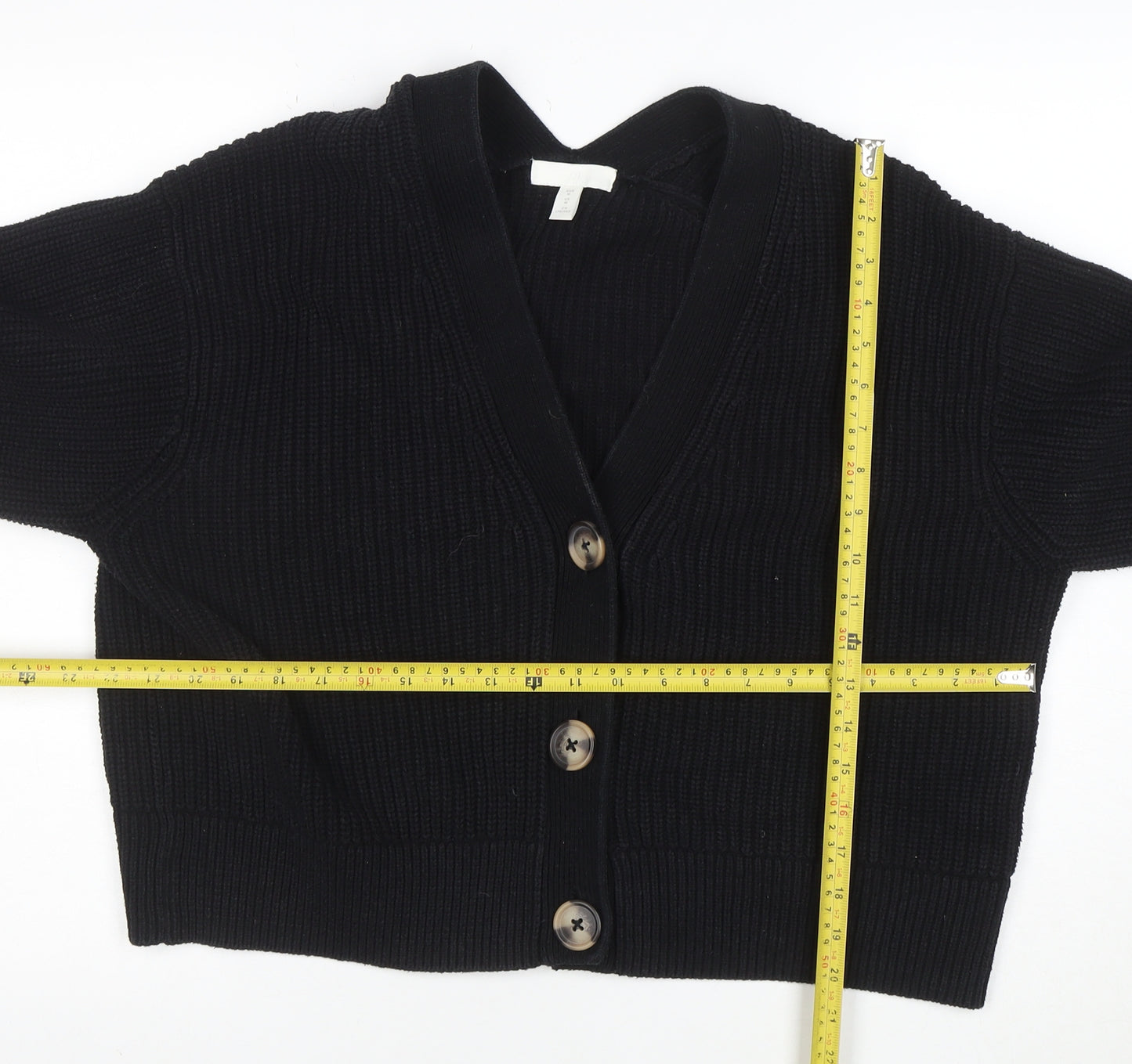 H&M Women Black M Chunky Knit Button Cardigan V-Neck Long Sleeve