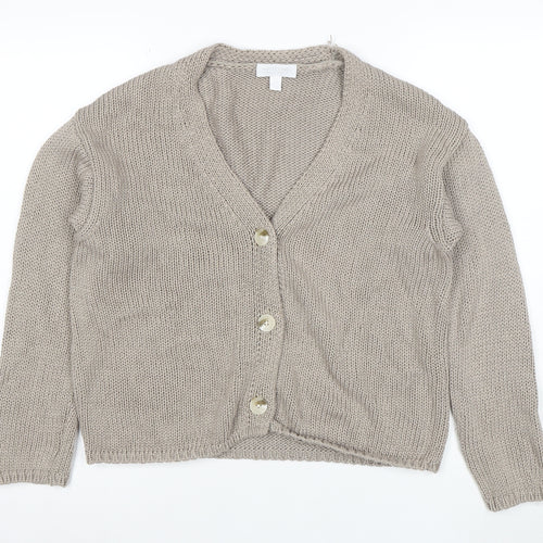 White Label Women Beige Cotton Knit V-Neck Cardigan Medium