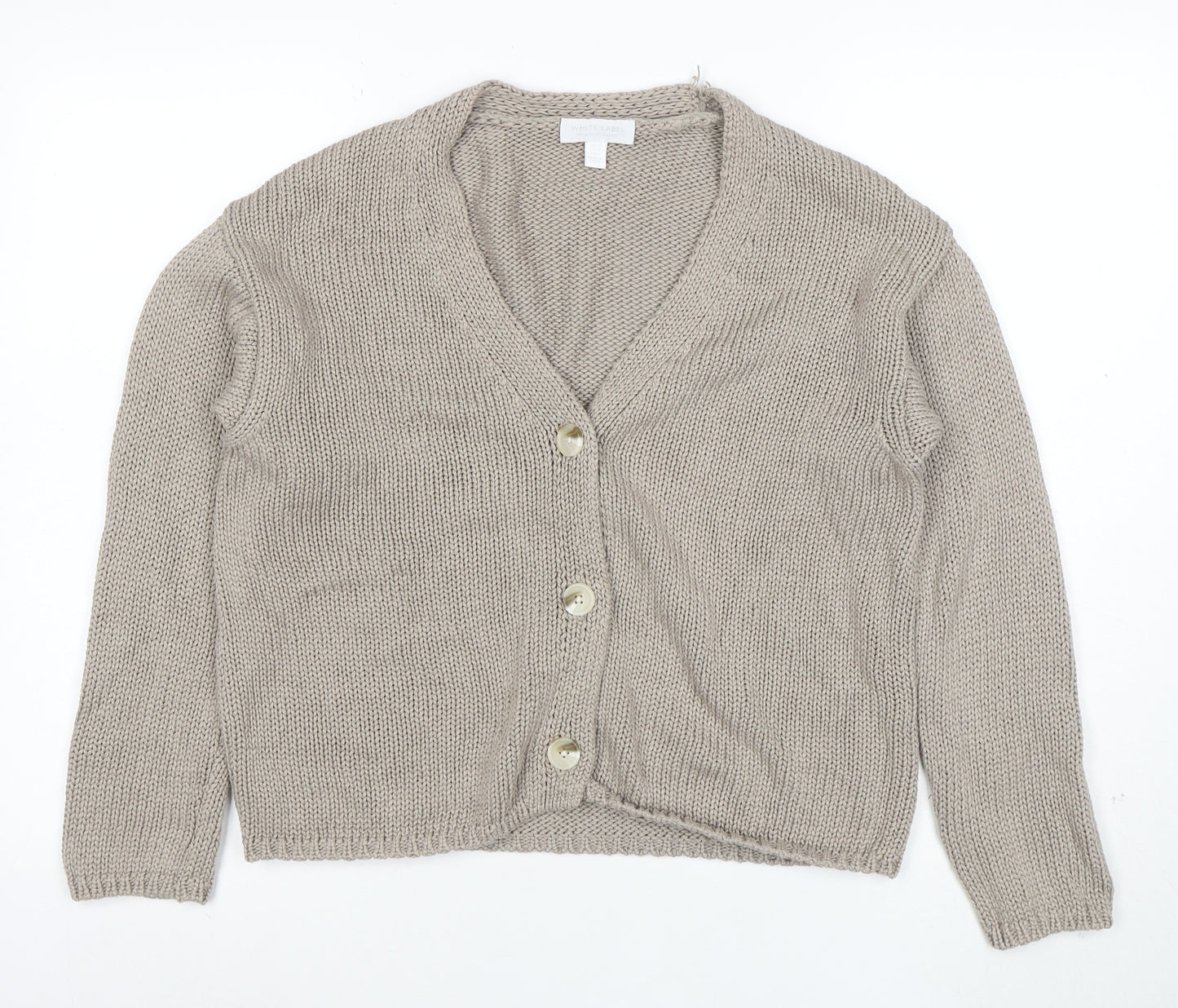 White Label Women Beige Cotton Knit V-Neck Cardigan Medium