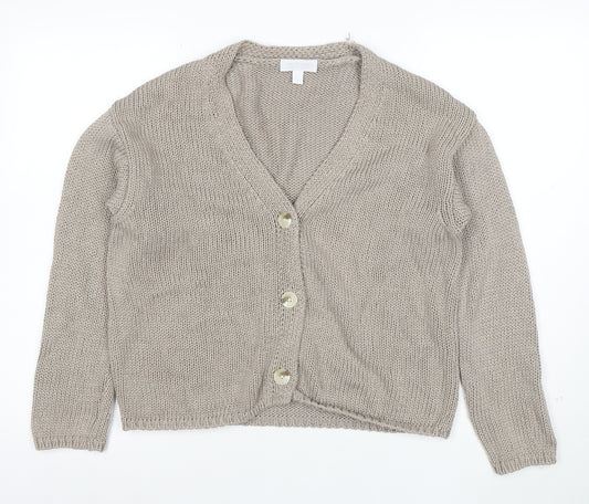 White Label Women Beige Cotton Knit V-Neck Cardigan Medium