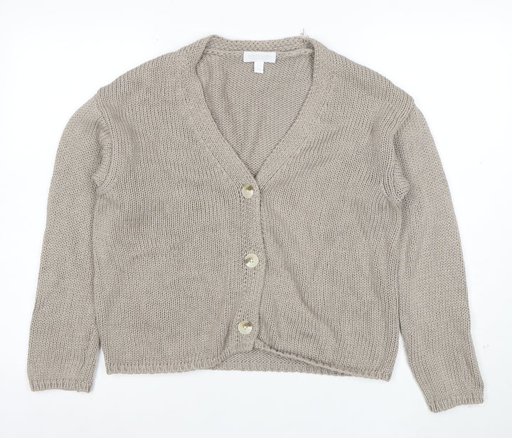 White Label Women Beige Cotton Knit V-Neck Cardigan Medium