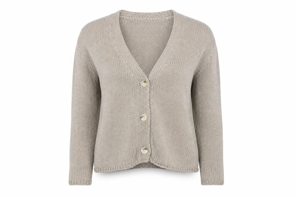 White Label Women Beige Cotton Knit V-Neck Cardigan Medium