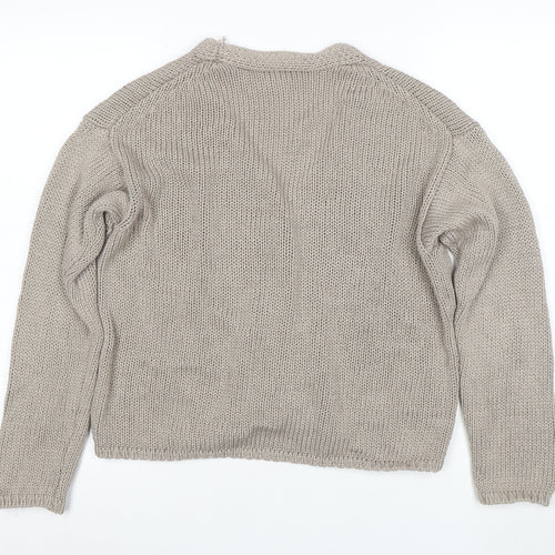 White Label Women Beige Cotton Knit V-Neck Cardigan Medium