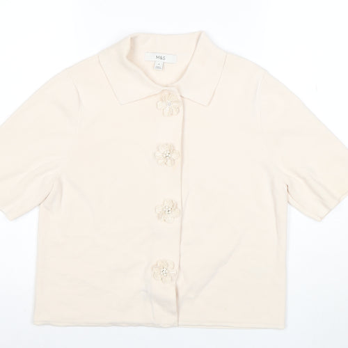 Marks and Spencer Women Beige Collared Knit Short Sleeve Cardigan M