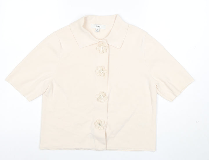 Marks and Spencer Women Beige Collared Knit Short Sleeve Cardigan M