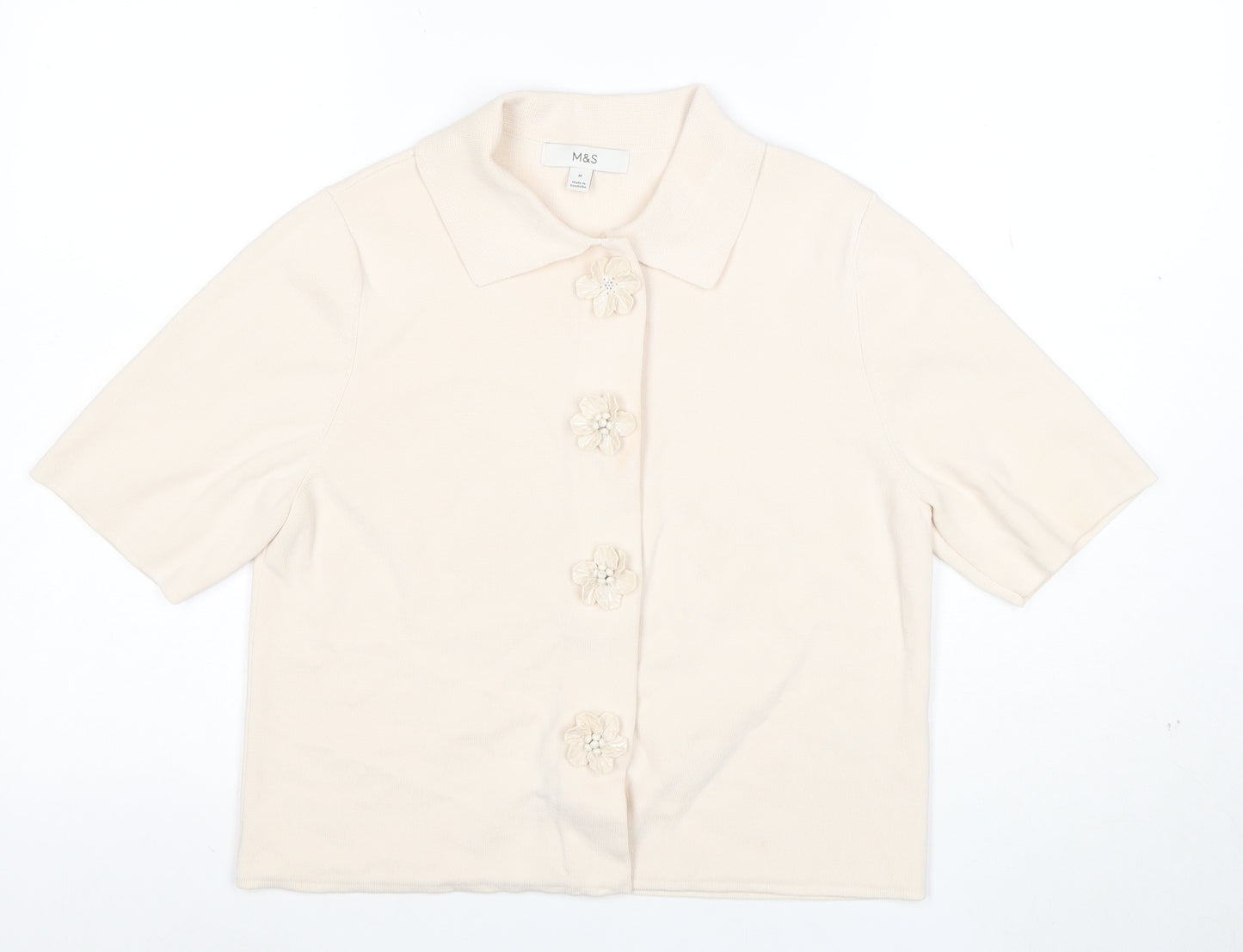 Marks and Spencer Women Beige Collared Knit Short Sleeve Cardigan M