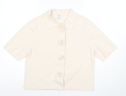 Marks and Spencer Women Beige Collared Knit Short Sleeve Cardigan M
