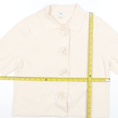 Marks and Spencer Women Beige Collared Knit Short Sleeve Cardigan M