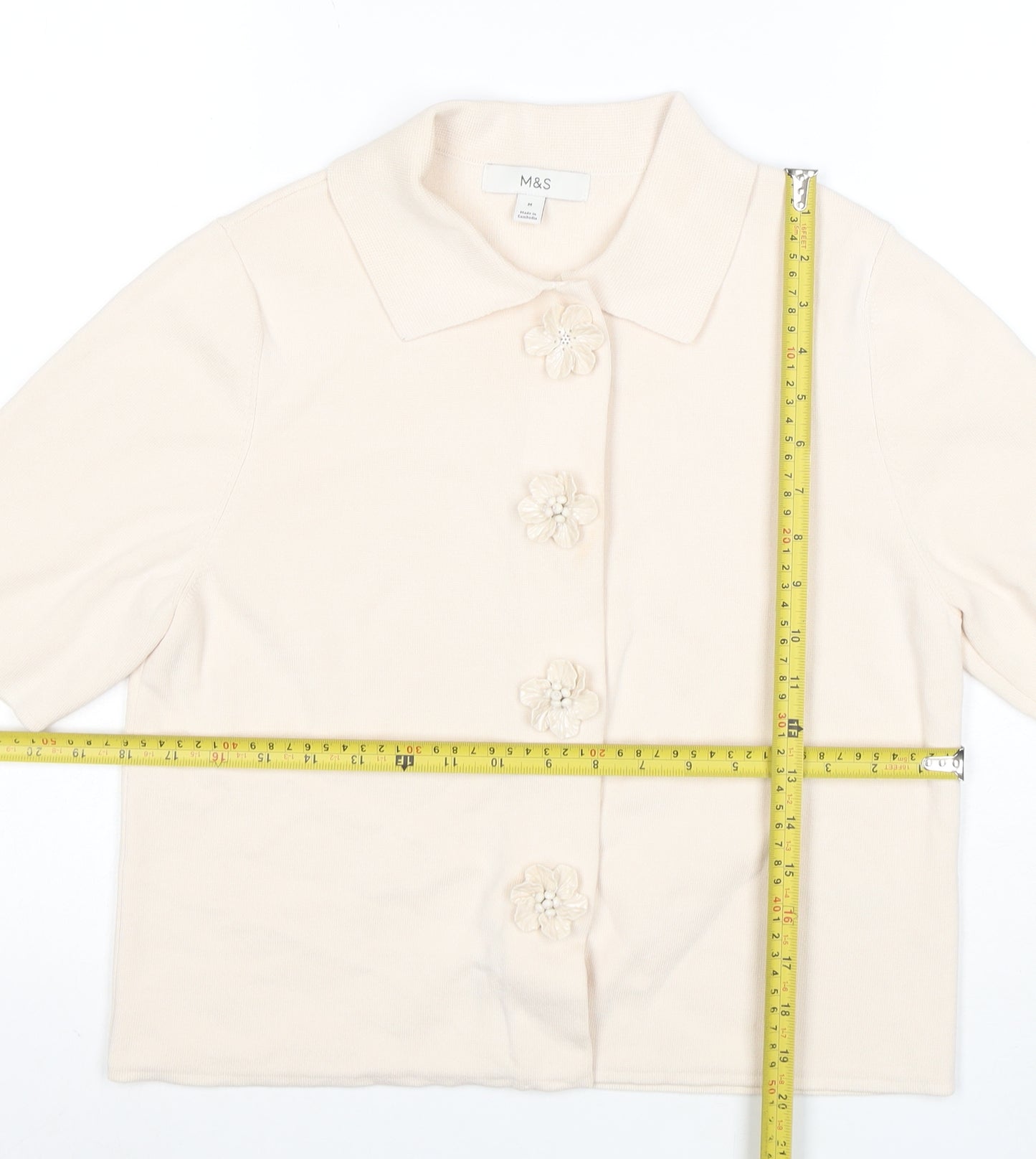 Marks and Spencer Women Beige Collared Knit Short Sleeve Cardigan M