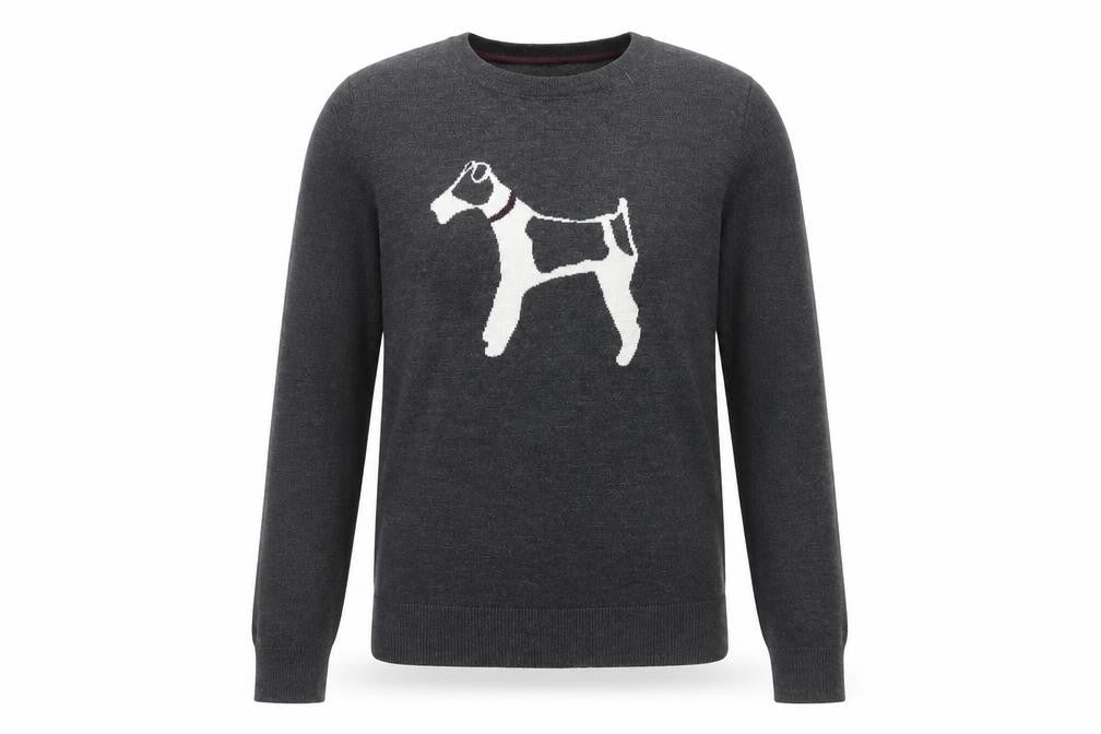 Front view of Hobbs Grey Wool Dog Motif Crew Neck Men's jumper, size S