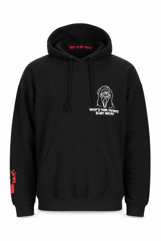 Front view of Ratchet Men’s Black Pullover Hoodie L Horror Graphic Print Sweatshirt