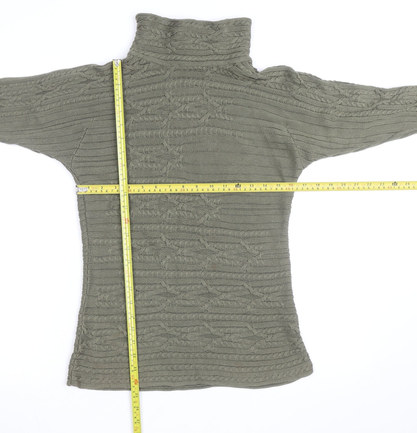 Peruvian Connection Women's Green Roll Neck Cable-Knit Cotton Jumper Size S