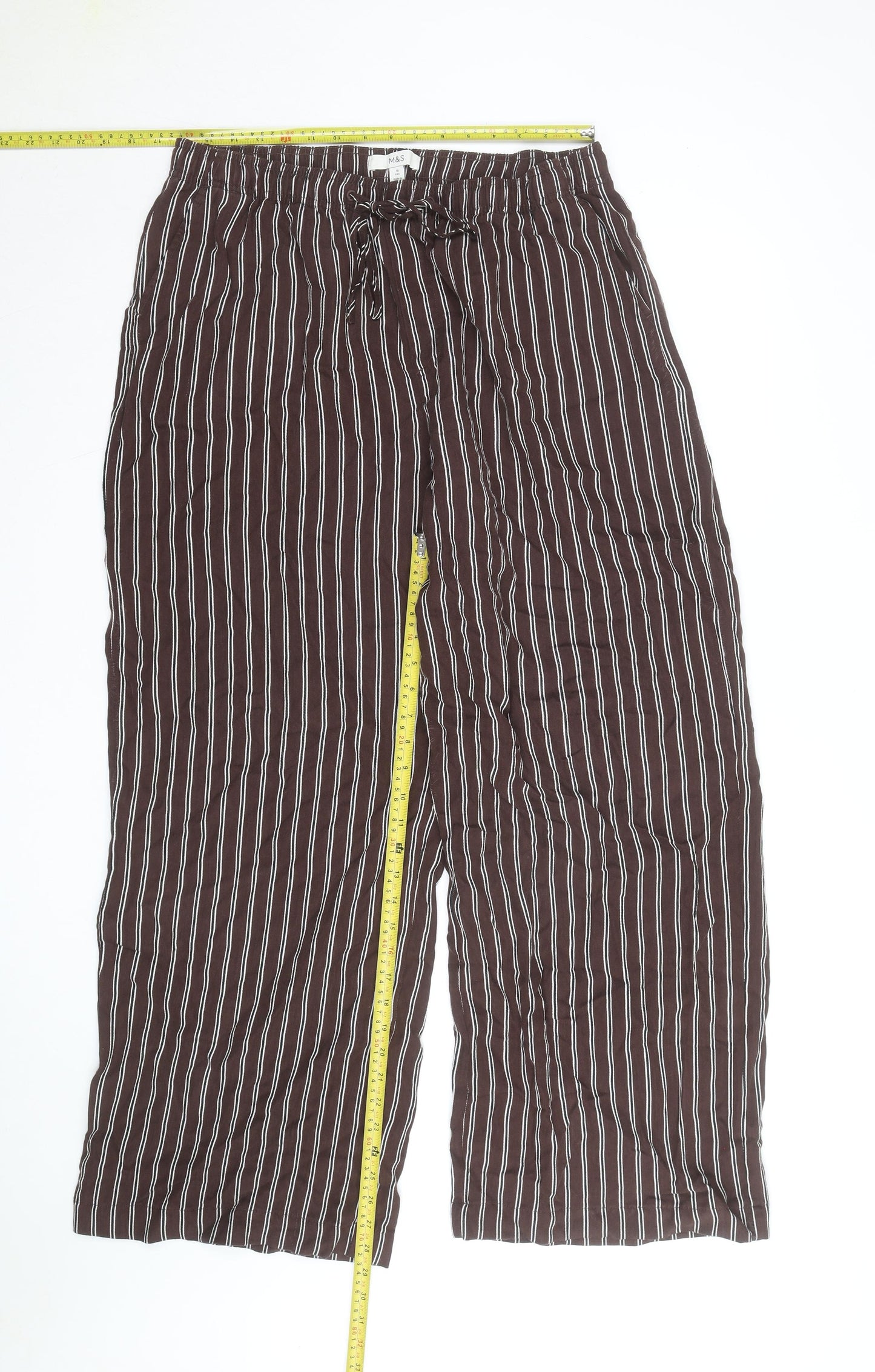 Marks and Spencer Women Brown Striped Viscose Wide-Leg Trousers Size 16