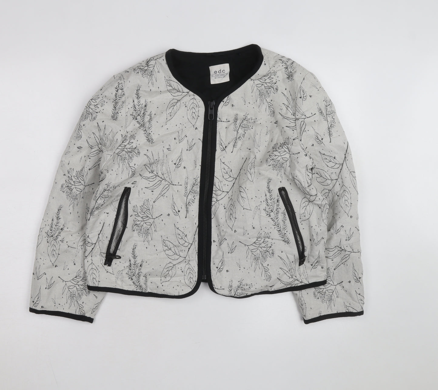 EDC Women's Grey Floral Bomber Jacket Size L Zip Front Casual