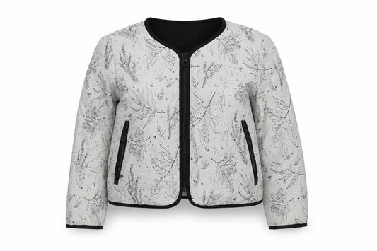 Front view of EDC Women's Grey Floral Bomber Jacket, size L, Zip Front Casual