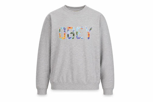 Front view of Obey Men's Grey Crew Neck Graphic Print Sweatshirt, size S