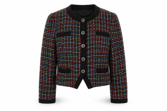 Front view of David Emanuel Women’s Multicoloured Tweed Wool Blazer Jacket, size UK 12