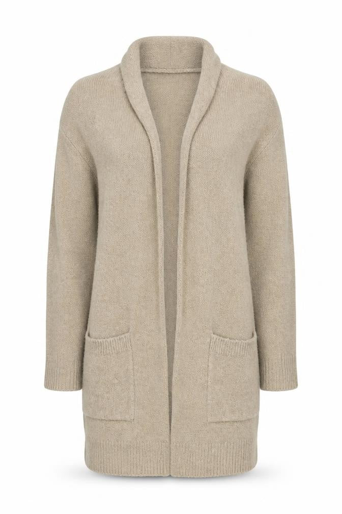Front view of Michael Kors Women Beige Long Cardigan Small Open Knit Wool Blend