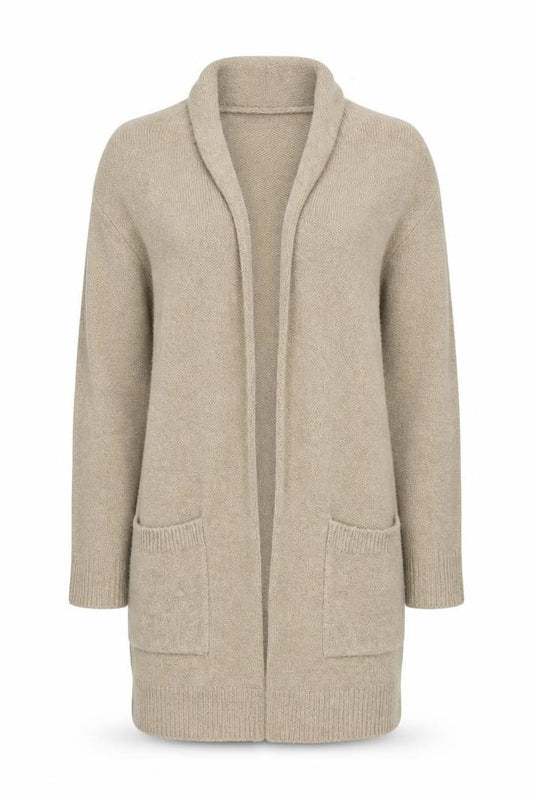 Front view of Michael Kors Women Beige Long Cardigan Small Open Knit Wool Blend