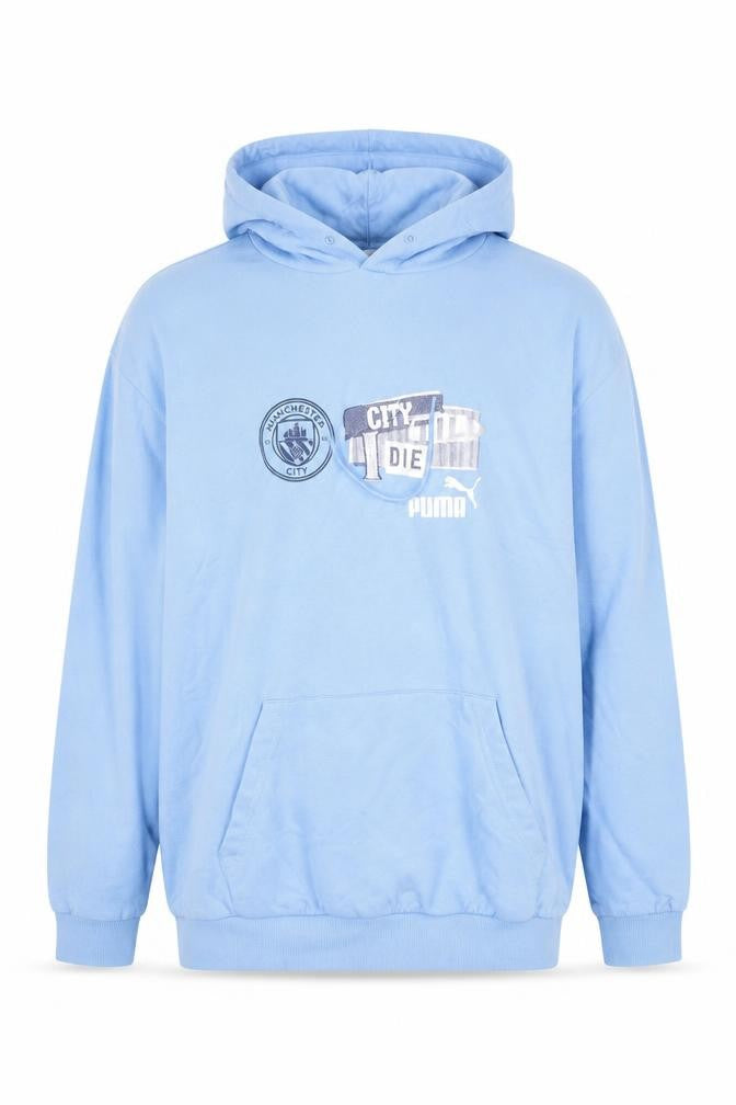 Front view of Puma men’s blue manchester city pullover hoodie, size 2XL