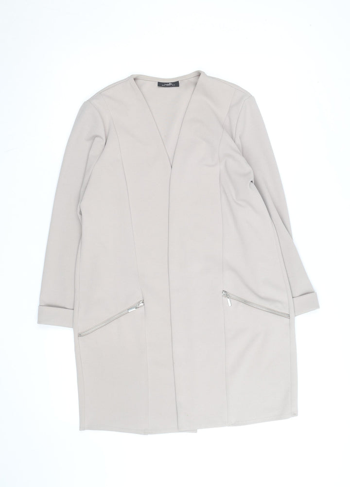 Wallis Women’s Beige Long Coatigan Size 14 Regular Open Zip Pockets