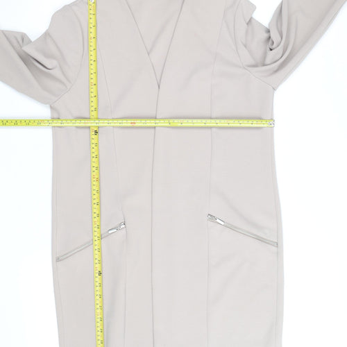 Wallis Women’s Beige Long Coatigan Size 14 Regular Open Zip Pockets