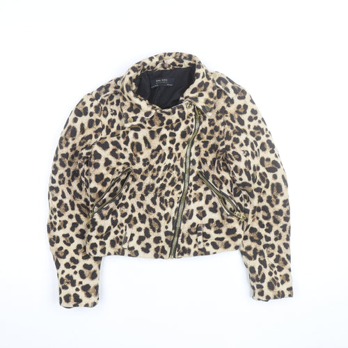 Zara Basic Women’s Brown Leopard Print Wool Biker Jacket Size 8