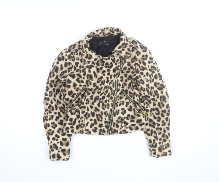 Zara Basic Women’s Brown Leopard Print Wool Biker Jacket Size 8