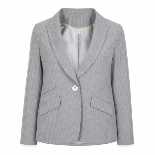 Front view of Principles Women's Grey Pinstripe Single-Breasted Blazer, size 14