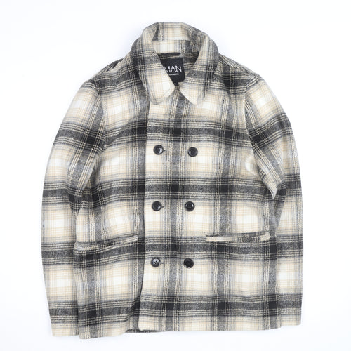 boohooMAN Men’s Beige Check Pea Coat Size S Classic Wool Look