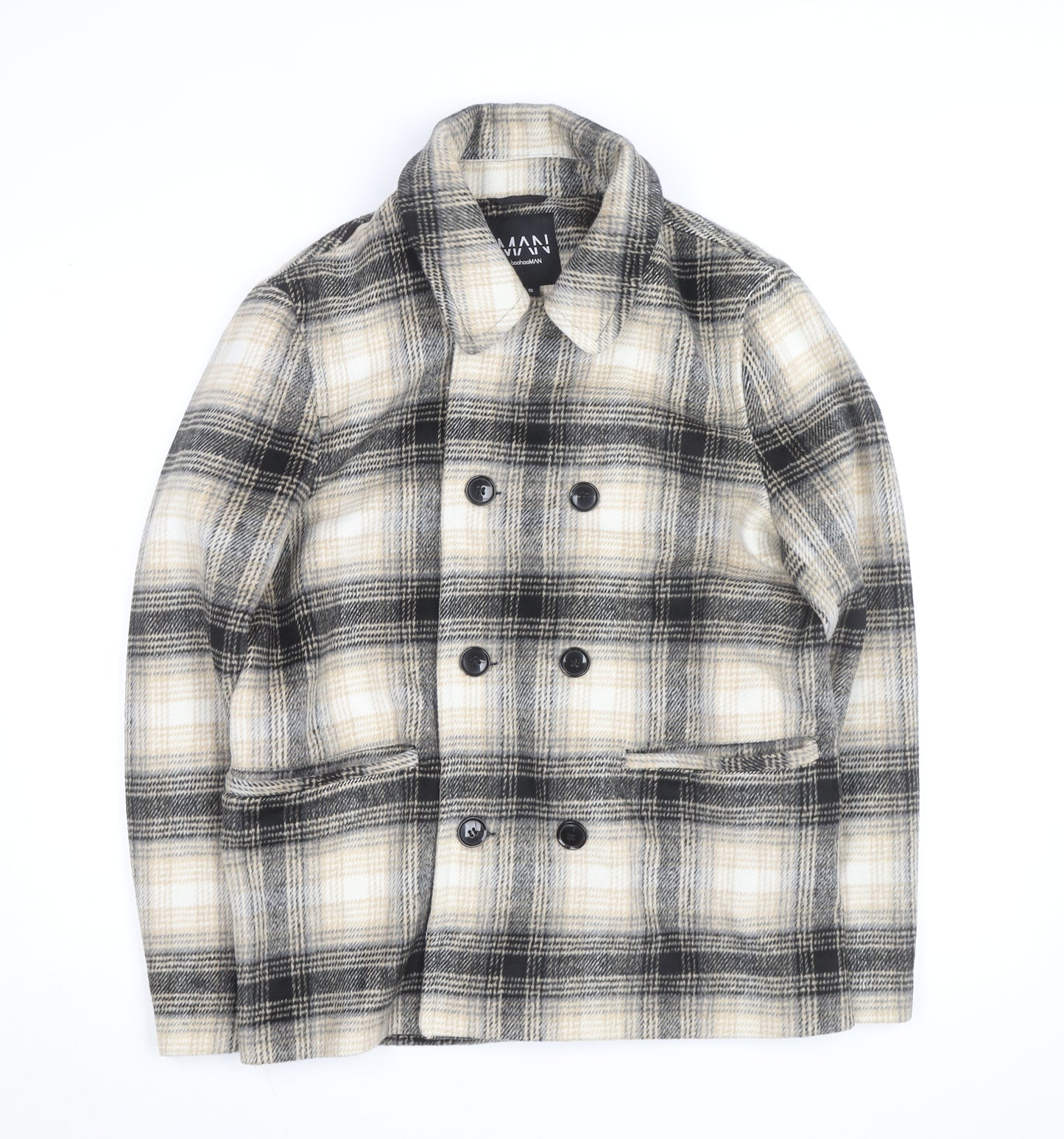 boohooMAN Men’s Beige Check Pea Coat Size S Classic Wool Look
