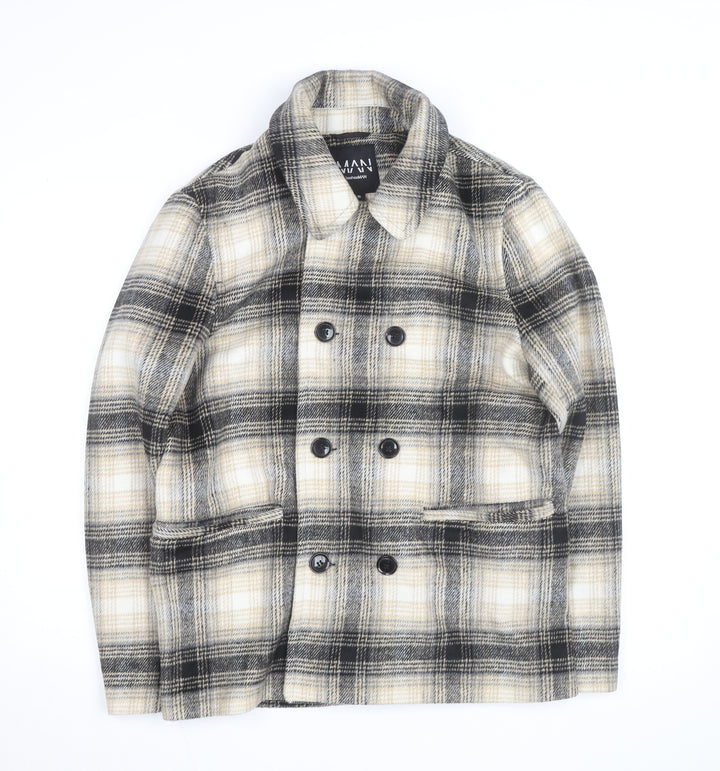 boohooMAN Men’s Beige Check Pea Coat Size S Classic Wool Look