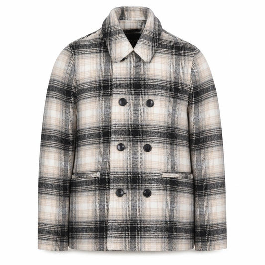 Front view of boohooMAN Men’s Beige Check Pea Coat, size S, Classic Wool Look