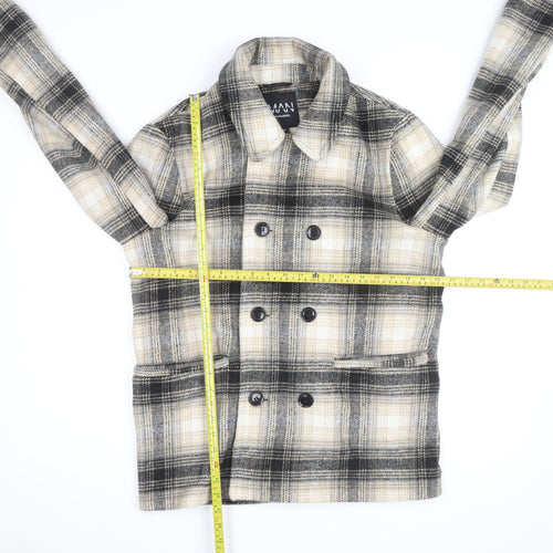 boohooMAN Men’s Beige Check Pea Coat Size S Classic Wool Look