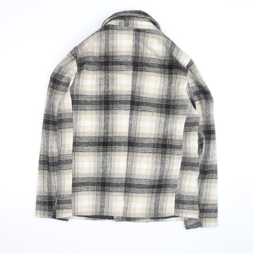 boohooMAN Men’s Beige Check Pea Coat Size S Classic Wool Look
