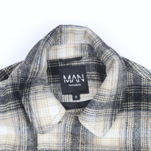 boohooMAN Men’s Beige Check Pea Coat Size S Classic Wool Look
