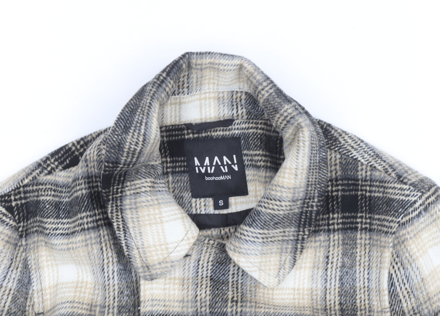 boohooMAN Men’s Beige Check Pea Coat Size S Classic Wool Look
