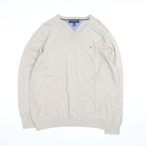 Tommy Hilfiger Men Beige XL V-Neck Cotton Silk Cashmere Jumper