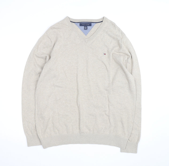 Tommy Hilfiger Men Beige XL V-Neck Cotton Silk Cashmere Jumper